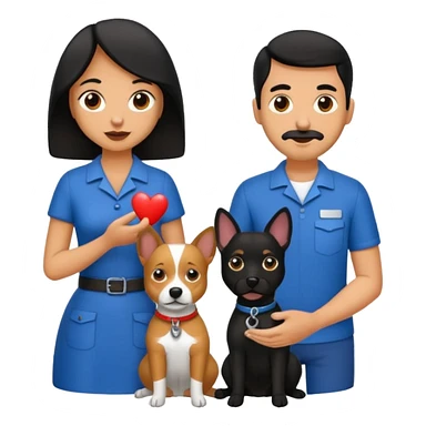 Pareja hombre y mujer, pelo negro ambos, y con dos perritos pincher en sus brazos sticker