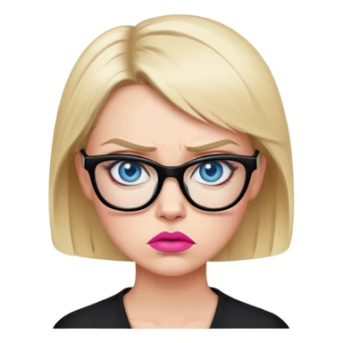 Blonde woman with short hair, blue eyes and pink lips wearing black glasses looking angry sticker
