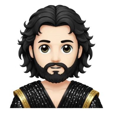 Hades from Greek Gods with long black wavy hair and short beard, black sequin toga sticker
