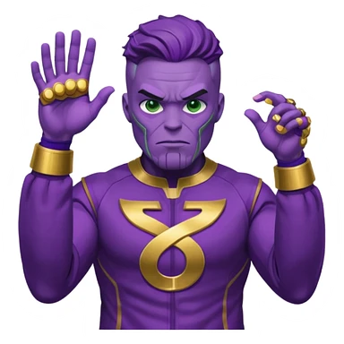 Minimal emoji style T.O.P as Thanos, purple skin, strong jaw, confident mischievous face, green Squid Game Player 230 tracksuit with number, Infinity Gauntlet on one hand, bold lines, bright, playful sticker