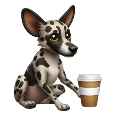 African wild dog holding a coffee sticker
