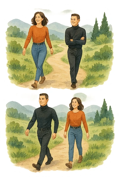 a man and a woman walk together along a winding path in a natural landscape. In one version, the woman leads confidently while the man follows a few steps behind, looking at lei con ammirazione. In un’altra versione, i ruoli sono invertiti, con l’uomo che guida e la donna che lo segue sorridendo. La scena trasmette l’idea che entrambi possano guidare o seguire, a seconda del momento. sticker