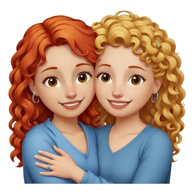 A woman with straight blonde hair and a nose piercing and a woman with curly red hair and a nose piercing are hugging and smiling together. sticker