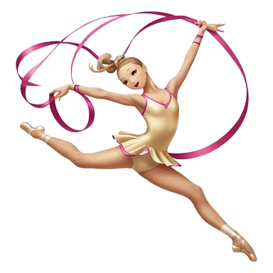 A graceful rhythmic gymnast performing with a flowing ribbon, executing an elegant leap mid-air. The pose exudes flexibility, balance, and artistry. The background suggests a competition arena with soft lighting, emphasizing movement, precision, and the beauty of the sport. sticker