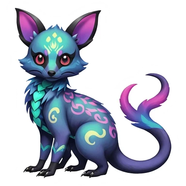 Rare neon iridescent white exotic cute epic aesthetic gothic colorful Salandit-Eevee-Civet-species-Fakemon-hybrid-creature, with intricate tattoo markings, full body sticker