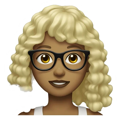 a girl with black glasses (square-shaped), green eyes, light skin and curly dark-blonde long hair with bang sticker