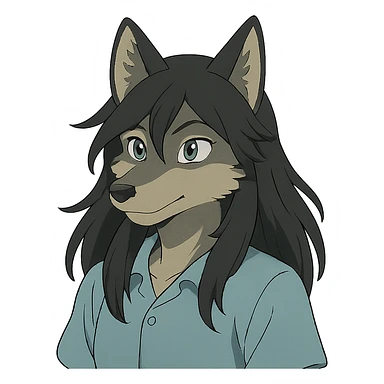 anime style wolf furry character with blue eyes, long black hair, wearing a light blue shirt sticker