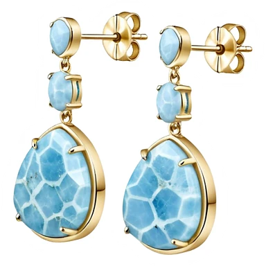 No emoji icons, no emoji faces, 8k quailty, clean, smooth design, isolated, hyper realistic, ultra sparkly, detailed, 14k yellow gold and Rare Genuine Larimar Raw Crystal earrings set, rendering. Full transparent background  sticker