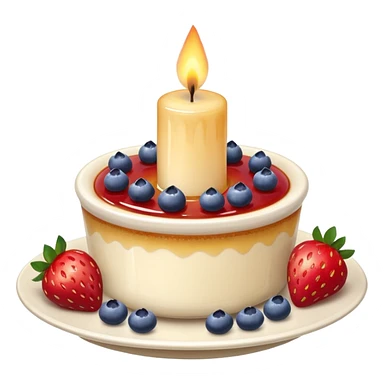 Crème brûlée with strawberries and blueberries on top with a lit candle sticker