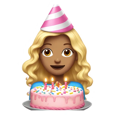 White woman, long hair, blonde hair, wavy hair, baby pink party hat, holding birthday cake sticker