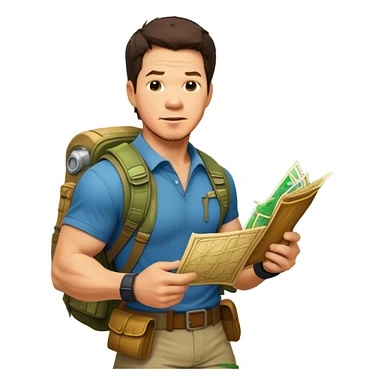 Icon for Adventure Movie: Mark Wahlberg in a jungle setting, holding a treasure map and surrounded by adventure gear. Behind him, ancient ruins rise through the dense foliage. Exciting, action-packed atmosphere with vivid jungle details. Transparent background. sticker