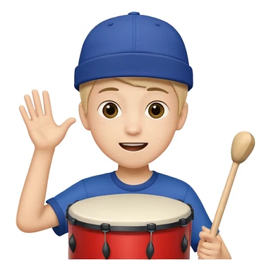 A young boy with a cap, wearing team colors, banging a small drum excitedly. sticker