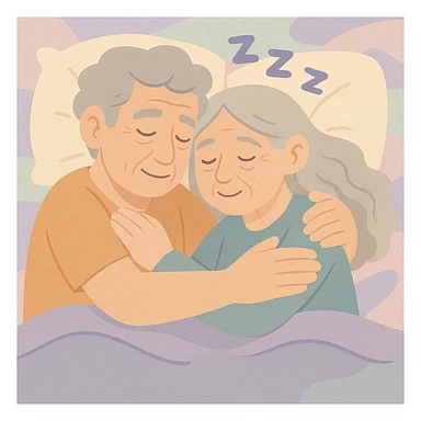 Make the couple look older by adding gray hair and gentle wrinkles, keeping the dreamy pastel cartoon style with soft and delicate colors. sticker