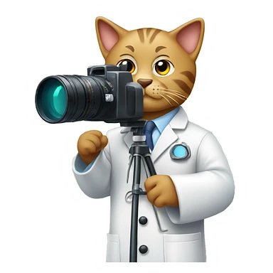 Cat Scientist taking a photo with a big camera while wearing a lab coat sticker