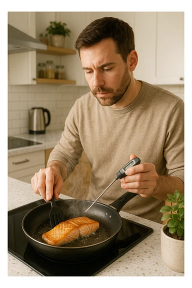 Uomo tra i 30 e i 45 anni in cucina moderna, concentrato mentre cucina un filetto di salmone fresco in padella. Si vede il vapore che sale, la superficie del salmone dorata e ben cotta. L’uomo usa utensili puliti, termometro da cucina nella mano sinistra per controllare la temperatura interna. Sullo sfondo, atmosfera luminosa e pulita, messaggio visivo implicito di sicurezza alimentare e buona pratica. Stile realistico e rassicurante, colori caldi e tono domestico. sticker