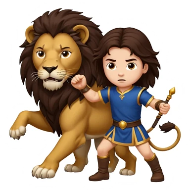 I want a royal child with dark brown long hair, fighting against a lion sticker