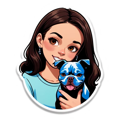 Slightly overweight beautiful girl with choppy long dark hair with her nose piercing and her black iPhone with her her pet pit bull girl with an underbite layed next to her sticker