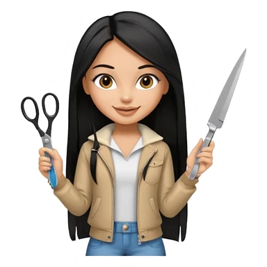 a pretty tan bratz girl with black long straight hair smiling and holding scissors sticker
