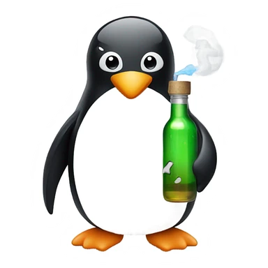 penguin with a glass bottle and a vape sticker