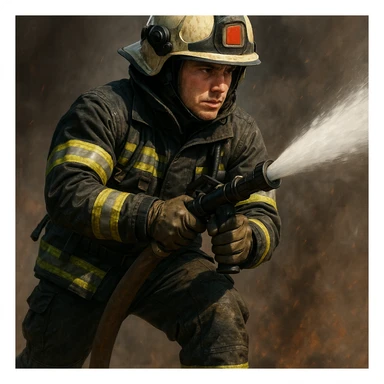 firefighter holding a water hose, detailed uniform, helmet, action pose, modern style sticker