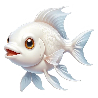 Cinematic Comical White Goldfish Portrait Emoji, Head tilted dramatically with an exaggeratedly amused expression, featuring a striking, glossy pure white body with elegantly fluttering fins, wide, expressive pale eyes filled with playful disbelief, Simplified yet hilariously expressive features, highly detailed, glowing with a slightly sassy glow, high shine, dramatic yet playful, stylized with an air of cheeky mischief, bright and endearing, soft glowing outline, capturing the essence of a spirited and over-the-top goldfish, so meme-worthy it feels like it could side-eye its way into internet fame instantly! sticker
