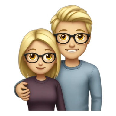 Boy with blonde hair and glasses hugging girl with black hair and glasses sticker