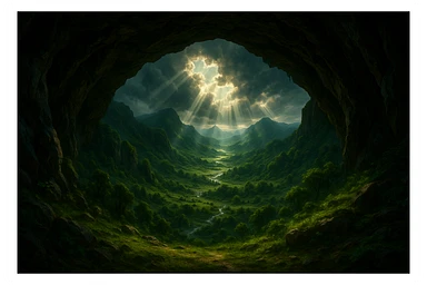 a cave mouth overlooking a lush valley, dramatic lighting, fantasy style sticker