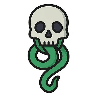 digital sticker of the Dark Mark: a skull with a snake coming out of its mouth, semi-realistic vector art style, clean outlines, flat green, black, and gray colors, slight shadows, arranged for a sticker sheet sticker