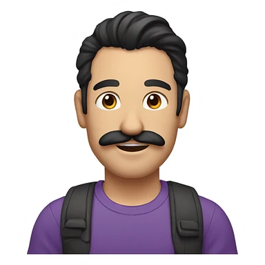 a man with long dark hair in a ponytail and a mustache shows a thumbs up, purple T-shirt and brown eyes sticker
