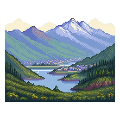 landscape of Nalchik with mountains in the background in pixel art style sticker