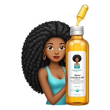 Serum Bottle of hair growth oil. Label has black woman with long afro hair. sticker