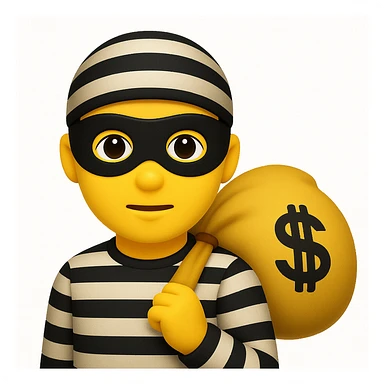 A thief with a bag of money on his back, wearing a striped suit and a black eye mask, emoji style, make it look like apple emoji sticker