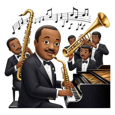 Icon for Jazz Music: Count Basie Orchestra, with Count Basie at the piano surrounded by jazz musicians playing instruments like saxophones, trumpets, and drums. Floating musical notes should capture the energetic and smooth vibe of big band jazz. Transparent background. sticker