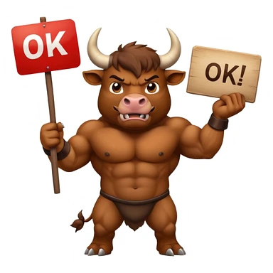 Angry powerful bull emoji holding a sign with the words OK in front of it sticker