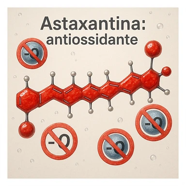 hyper realistic red astaxanthin molecule neutralizing free radicals, blocking radical symbols, scientific atmosphere, light background, text 'Astaxantina: antiossidante' sticker