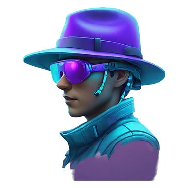 Secret human agent in a hat with  cyberpunk elements in VR googles scanning looking reviewing multicolor lines of code, cyan and purple colors, only upper body portrait sticker