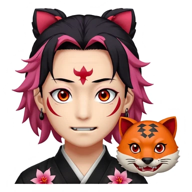 tanjiro male : Kind red eyes, black hair with burgundy tips, forehead scar, tanned skin, Hanafuda earrings.                             nezuko:   Pink eyes, black-orange hair, fangs, bamboo muzzle in mouth. sticker