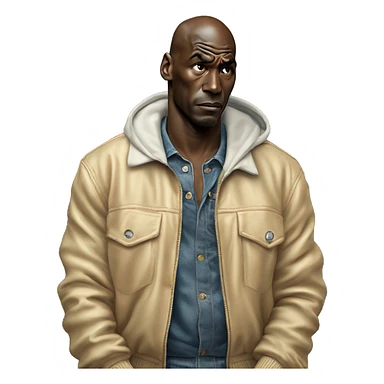 Michael Jordan in a jacket holds his head and is sad photorealistic serious sticker