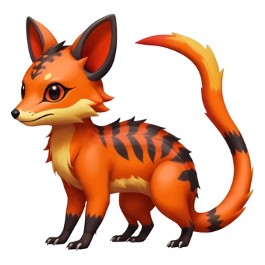 Rare tropical warm-colored exotic cute epic aesthetic colorful Salandit-Eevee-Civet-species-Fakemon-hybrid-creature, with wild fiery markings, full body sticker