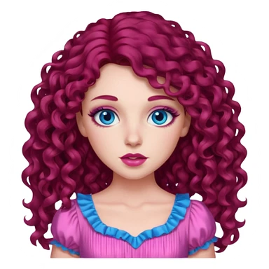Chappell Roan long dark red curly hair, blue eyes, pink eyeshadow and lip, pink dress sticker