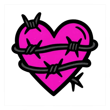 gothic heart with barbed wire, pink and black colors, pop colors style sticker