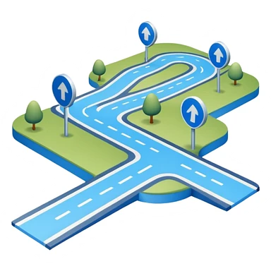 
A 3D minimal icon showing a street route with a clear path, blue road with white markings, in a clean, minimal 3D style and a transparent background. sticker