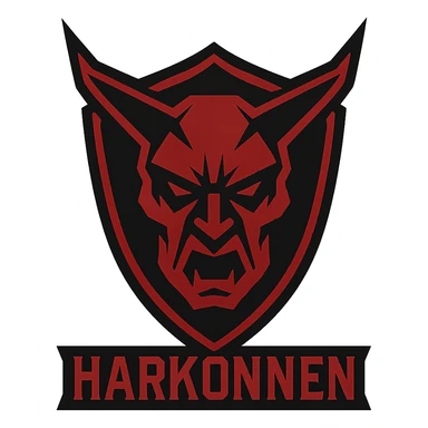 the Harkonnen sign from Dune, stylized as a bold, menacing emblem with sharp lines and a dark, ominous color palette sticker
