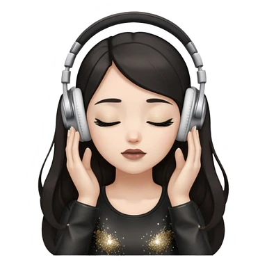 Girl with long dark hair, fair skin tone, wearing a black leather top, has glitter on her eyelids, and taupe lipstick, wearing white headphones, her hands are on her ears, and her eyes are close sticker