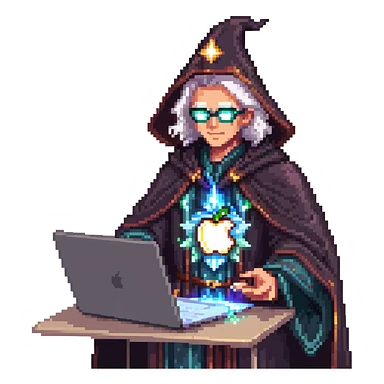 powerful wizard coding on an Apple laptop, glowing magical aura surrounding him, confident expression, looks like the ultimate boss of coding, wearing impressive dark robe sticker