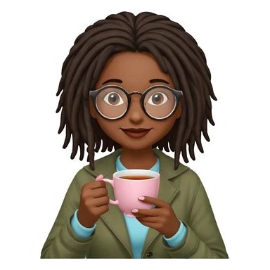 darker skin female with dark dreadlock hair wearing large round glasses sipping a cup of tea with her pinky out sticker