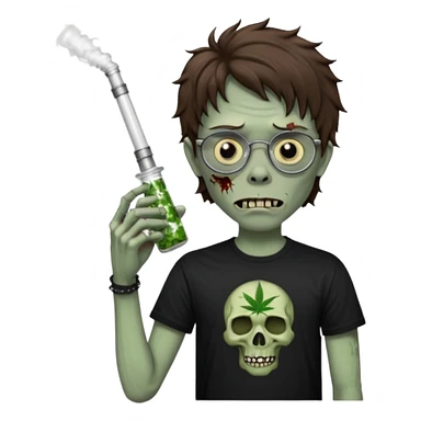 short wavy brown haired zombie getting stoned with weed t shirt and bong on his hand and wearing black chrome hearts bifocals sticker