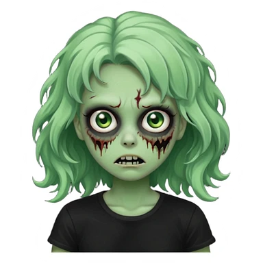 crie um emoji de uma garota zoombie verde assustadora e fofa com cabelo ondulado 2b e camiseta básica preta sticker