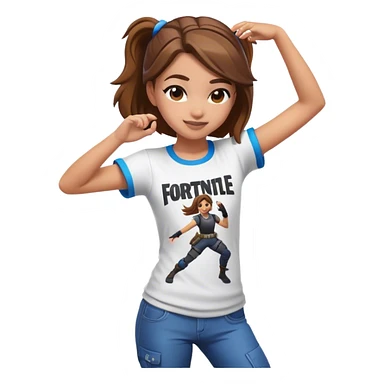 Girl with brown hair dancing with Fortnite shirt sticker