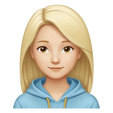 Caucasian woman, oval face, straight light blonde hair with side part, serene smile, dreamy expression, light blue hoodie with gold and white details sticker